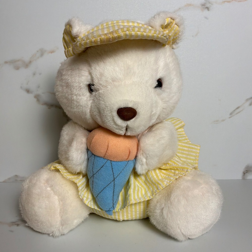 Unbranded Plush Teddy Bear Unisex 9" White Excellent Ice Cream Cone Hat